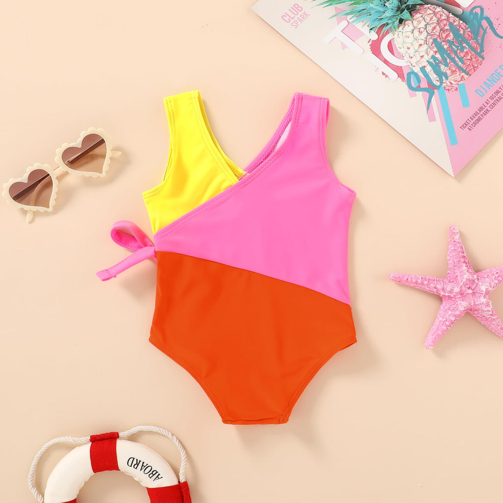 Happy Town Toddler Swimsuit Girl One Piece Bathing Suit Color Block Swimwear Baby Summer Beach Wear(18-24 Months,Yellow Pink Orange)