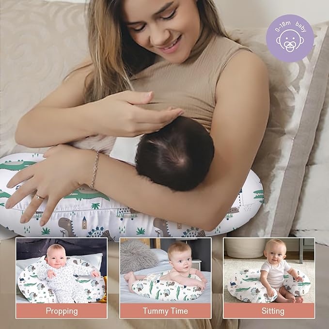 Little Grape Land Nursing Pillow for Infants, Breastfeeding Pillows, Baby Support Pillow for Nursing, Bottle Feeding, Tummy Time with Machine Washable Cover & Breathable Filling (Wild Dinosaur)