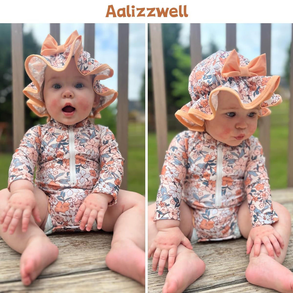 Infant Baby Girls Long Sleeve One Piece Swimsuit Bathing Suit Zip Up Swimwear Beach Wear 3-6 Months Floral