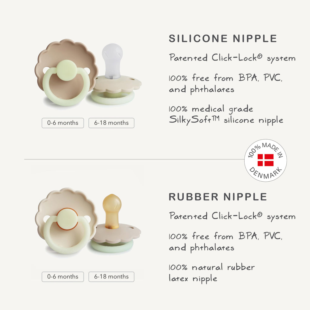 FRIGG Daisy SilkySoft Silicone Baby Pacifier | Made in Denmark | BPA-Free (Croissant/Portobello, 6-18 Months)
