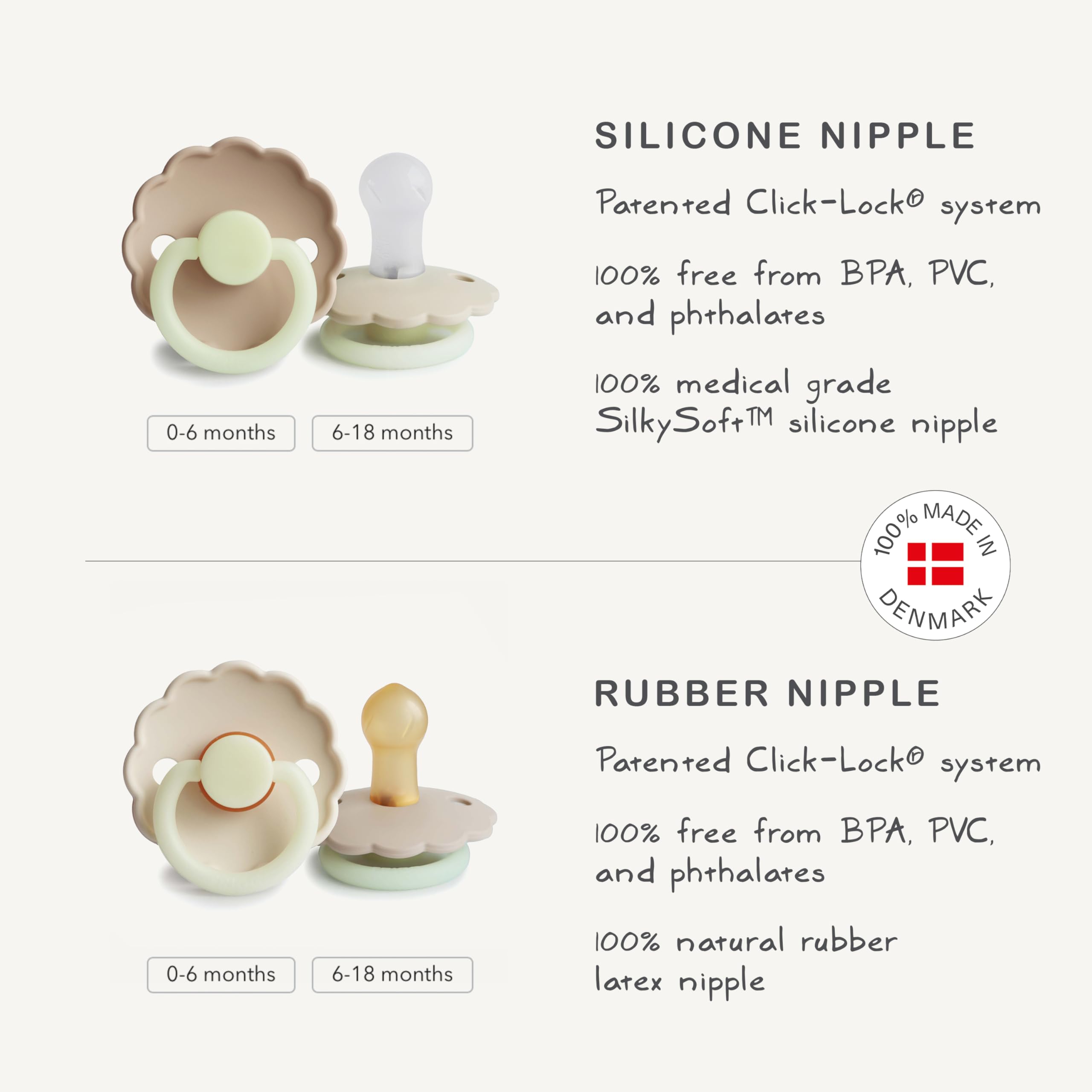FRIGG Daisy SilkySoft Silicone Baby Pacifier | Made in Denmark | BPA-Free (Croissant/Portobello, 6-18 Months)