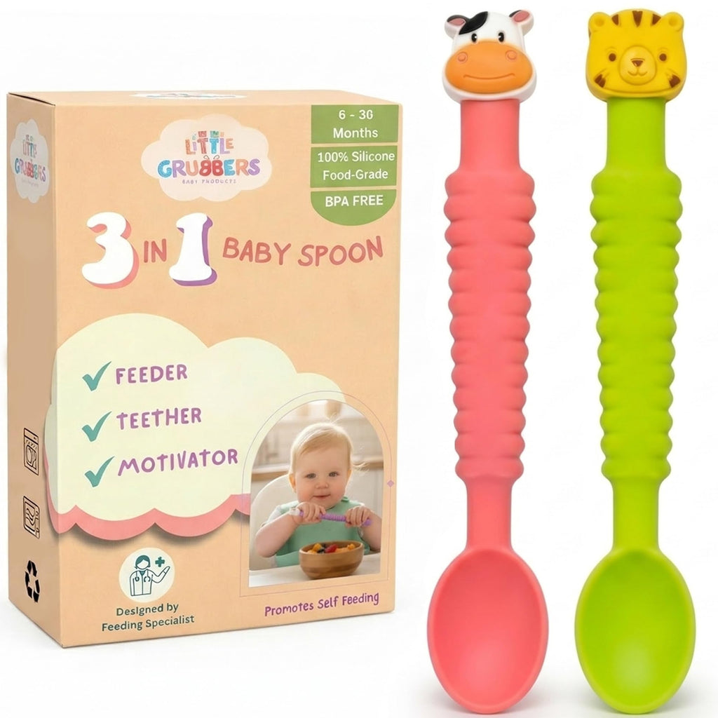 Little Grubbers 3-in-1 Silicone Baby Spoon Self Feeding 6+ Months - Pediatric OT Designed Teether Spoon, BPA Free Toddler Utensils, Mess-Free, Fun for Baby Led Weaning Supplies, Cow & Tiger