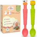 Little Grubbers 3-in-1 Silicone Baby Spoon Self Feeding 6+ Months - Pediatric OT Designed Teether Spoon, BPA Free Toddler Utensils, Mess-Free, Fun for Baby Led Weaning Supplies, Cow & Tiger