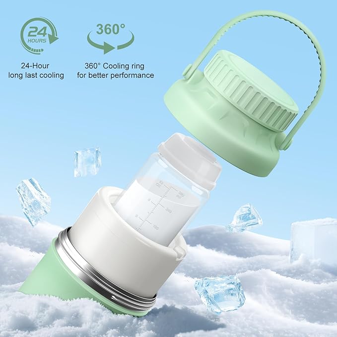 22oz Portable Breastmilk Cooler Bottle, Stainless Steel Breast Milk Chiller, 360° Total Cooling for 24 Hours, Stainless Steel Cooler with 2pcs Baby Bottles for Breastmilk Storage