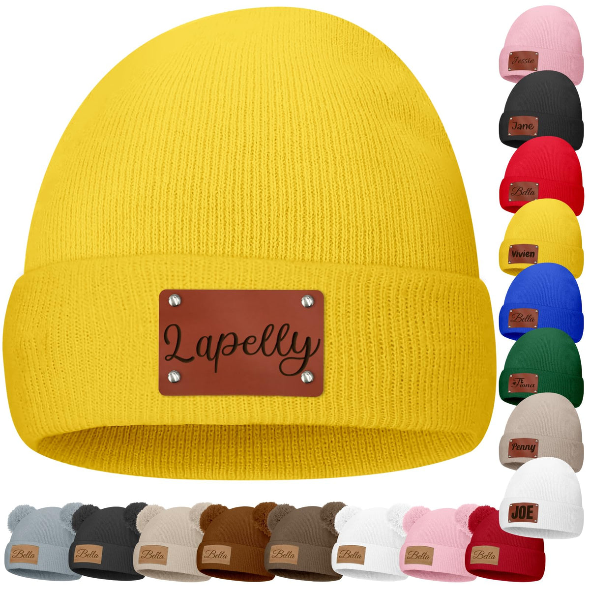 Custom Baby Beanies Personalized Toddler Winter Hats Name Leather Patch Kids Knit Warm Hat for Infant Boys Girls Adult Grey