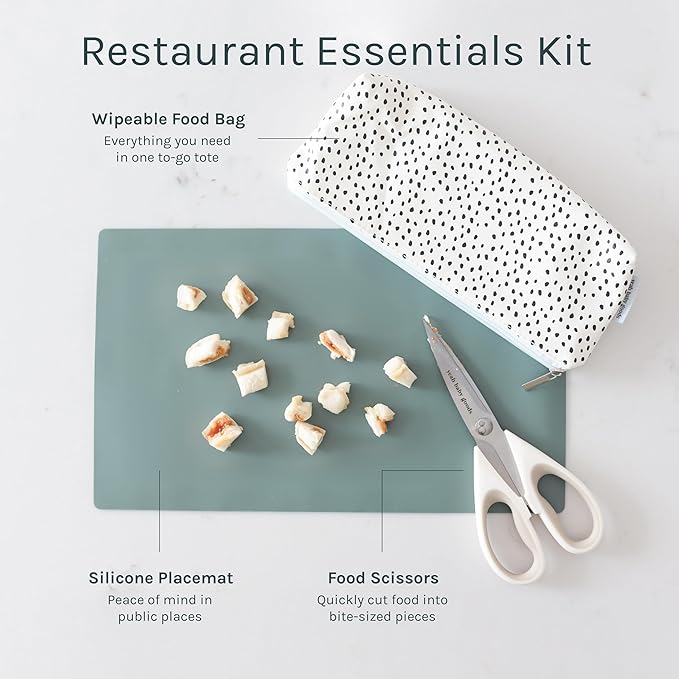 Yeah Baby Goods Toddler Restaurant Essentials Kit – Dots Baby Feeding Set w/Food Scissors, Silicone Placemat & Wipeable Zipper Tote