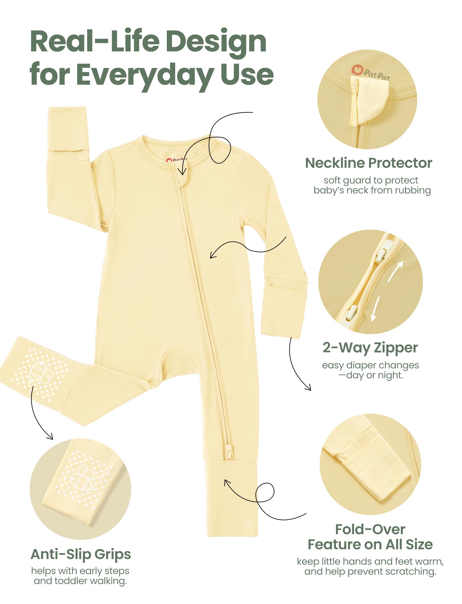 PATPAT 2-Pack Bamboo Viscose Baby Footie, with Anti-Slip Grips Yellow Flower 9-12 Months
