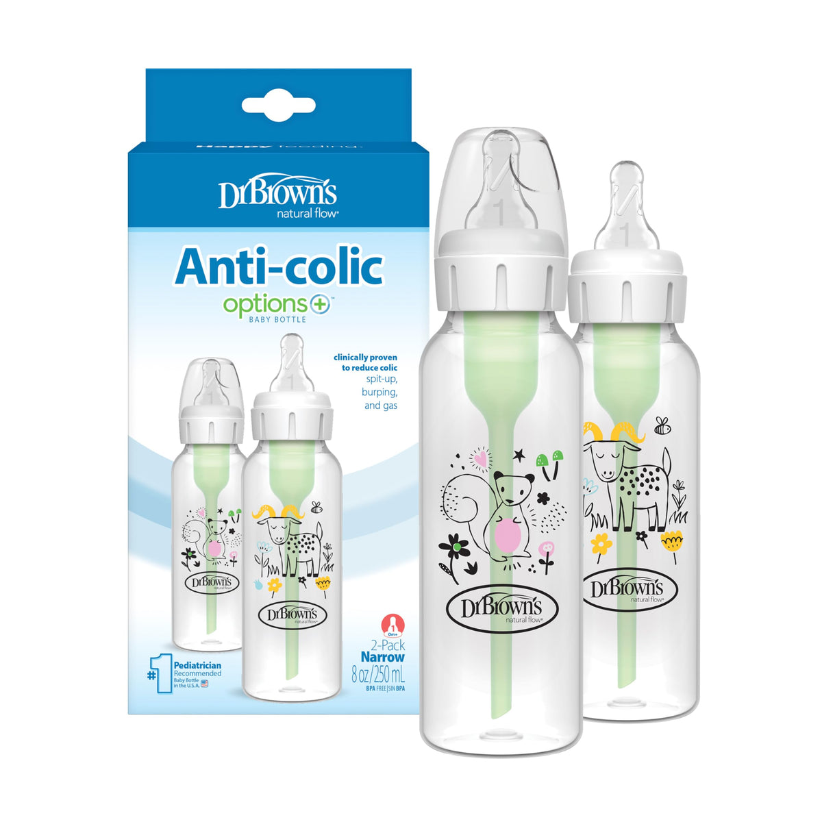 Dr. Brown's Anti-Colic Options+ Narrow Baby Bottle, Frog & Pig, 2-Pack