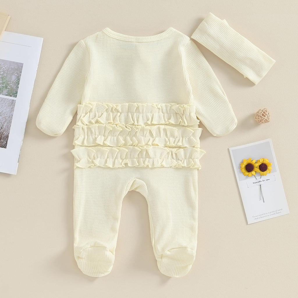 CIYCUIT Baby Girls Clothes Newborn Long Sleeve Zip Up Onesie Romper with Headband Fall Winter Outfits Beige 3-6 Months