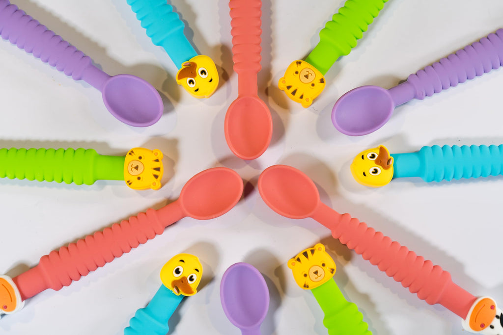 Little Grubbers 3-in-1 Silicone Baby Spoon Self Feeding 6+ Months - Pediatric OT Designed Teether Spoon, BPA Free Toddler Utensils, Mess-Free, Fun for Baby Led Weaning Supplies, Duck & Tiger