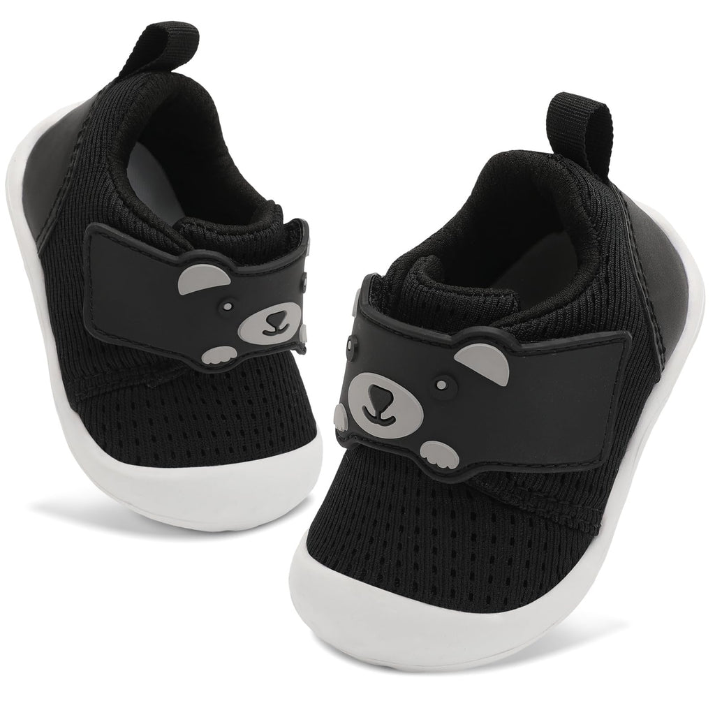 FEETCITY Infant Shoes Boys Girls Wide Baby Walking Shoes Newborn Crib Shoe Baby Slip On Shoe Breathable Toddler Sneakers Bear 2-2.5 Years Black