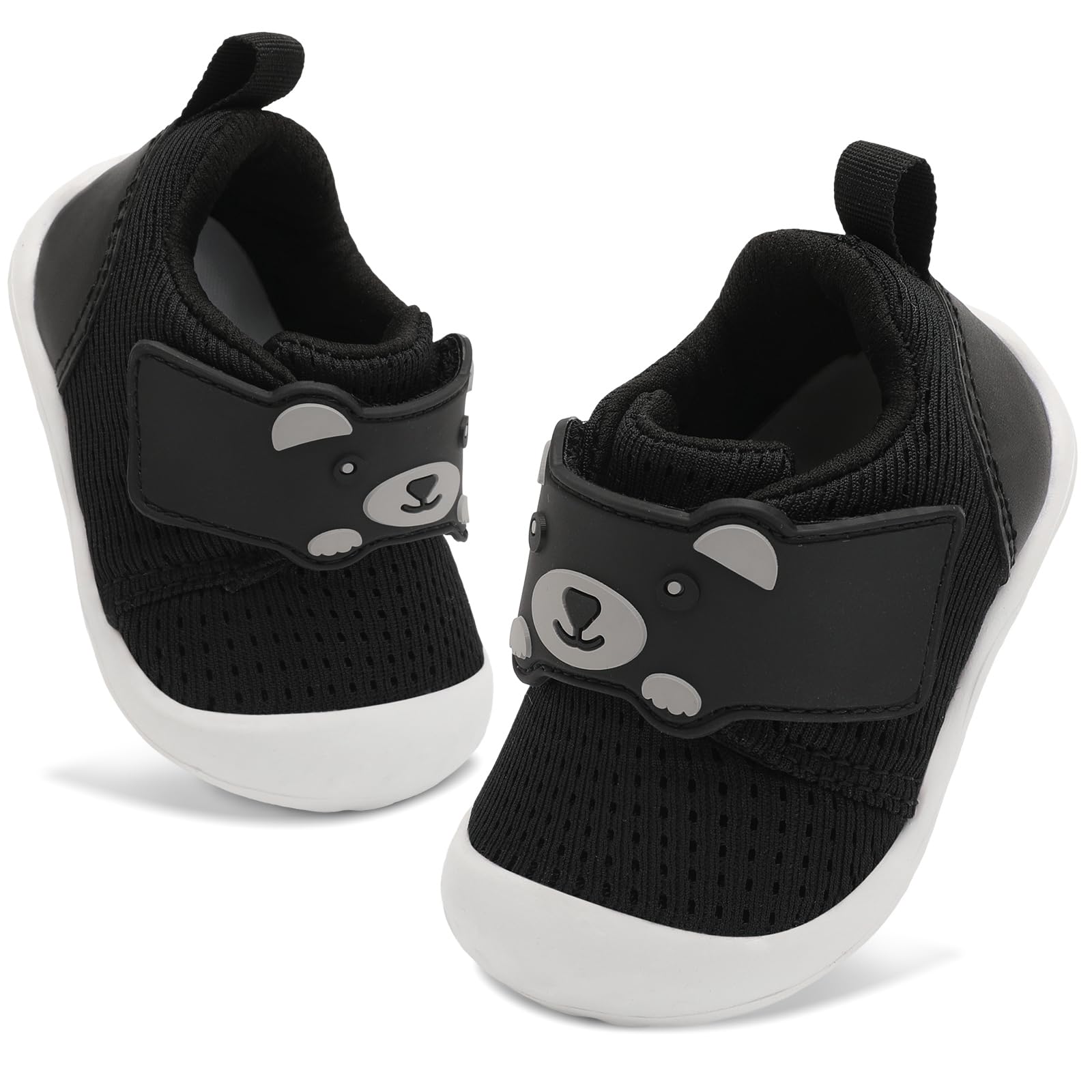 FEETCITY Infant Shoes Boys Girls Wide Baby Walking Shoes Newborn Crib Shoe Baby Slip On Shoe Breathable Toddler Sneakers Bear 2-2.5 Years Black