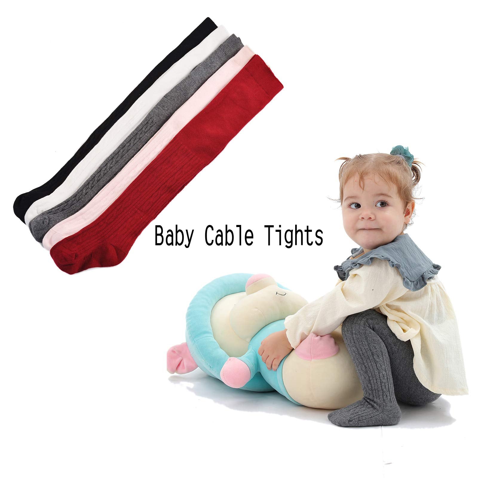 EPEIUS Baby Tights Newborn Girl Seamless Cable Knit Leggings Thick Cotton Stockings Footed Pants Pantyhose 0-3 Months 5 Pair Pack,Black/White/Dark Grey/Pink/Burgundy