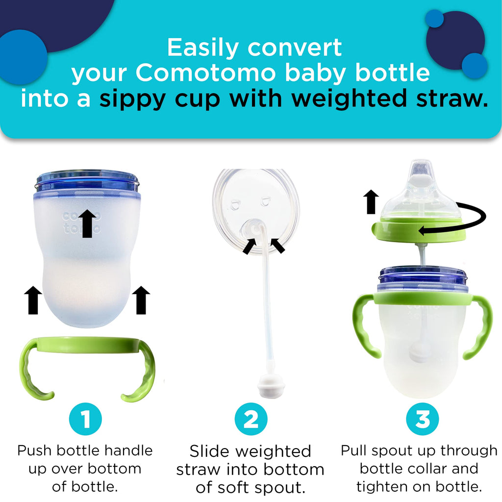 Soft Spout Transition Sippy Cup Kit for Comotomo Baby Bottles - Botabee Conversion Kit Fits 5 and 8 Ounce Bottle - Sippy Cup Baby Bottle Nipple with Weighted Straw & Bottle Handles (Pack of 2, Green)