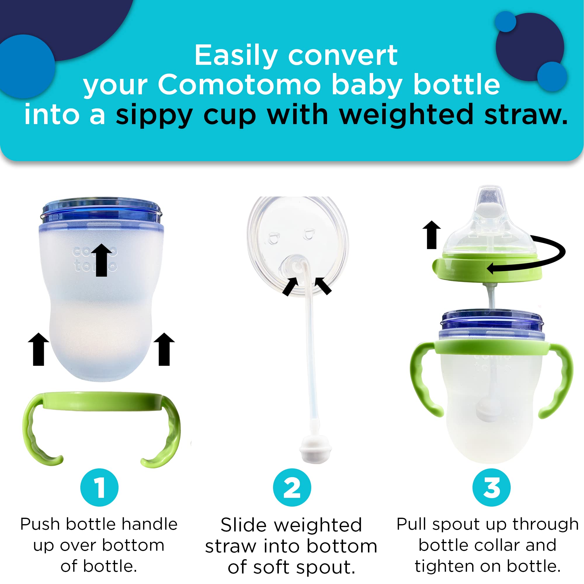 Soft Spout Transition Sippy Cup Kit for Comotomo Baby Bottles - Botabee Conversion Kit Fits 5 and 8 Ounce Bottle - Sippy Cup Baby Bottle Nipple with Weighted Straw & Bottle Handles (Pack of 2, Green)