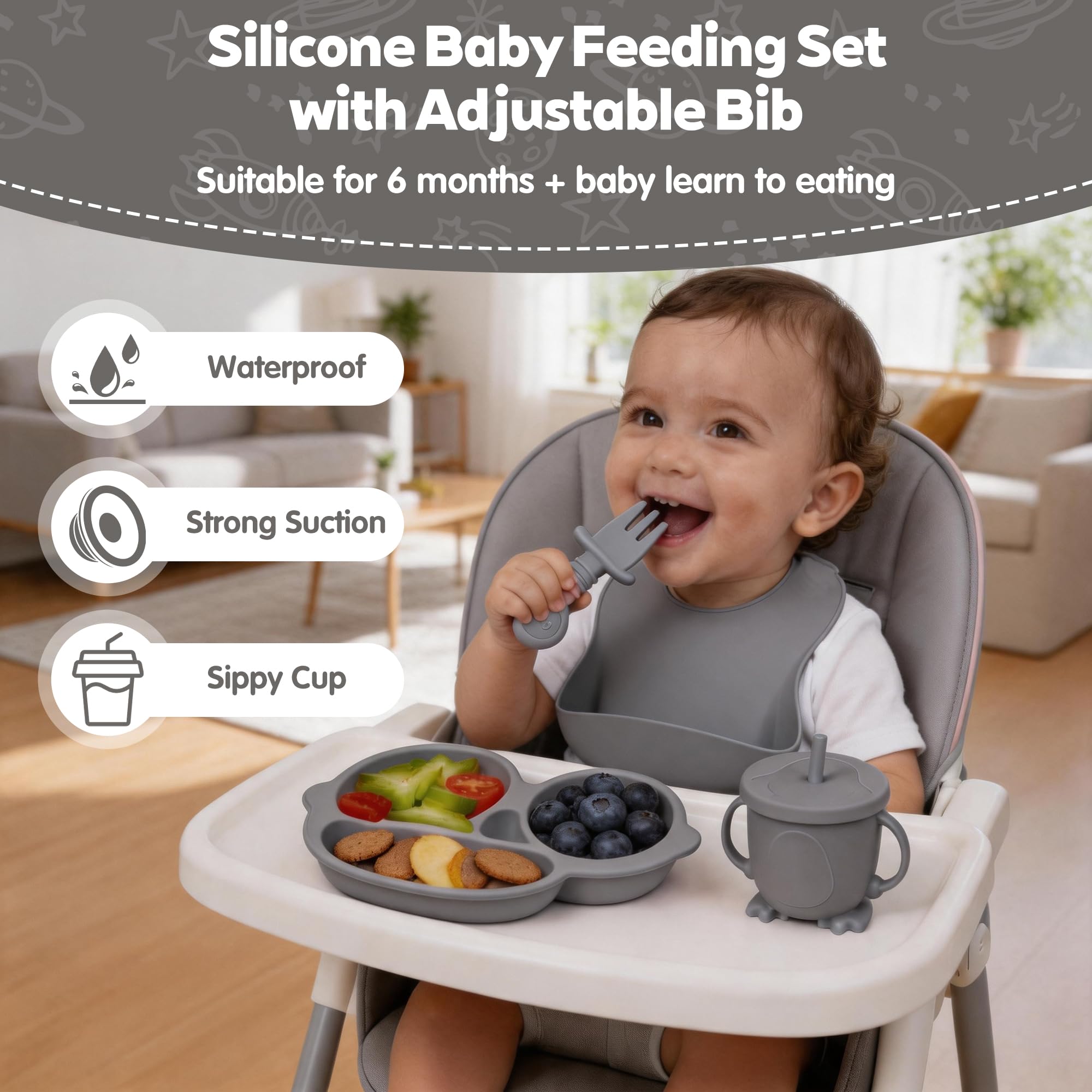 Silicone Baby Feeding Set,Miicasa Baby Led Weaning Supplies Kit With Suction Bowl & Car Plate, Bib, Spoon, Fork, Cup - Food-Grade Silicone, Dishwasher-Safe, No BPAs - For 3+ Months