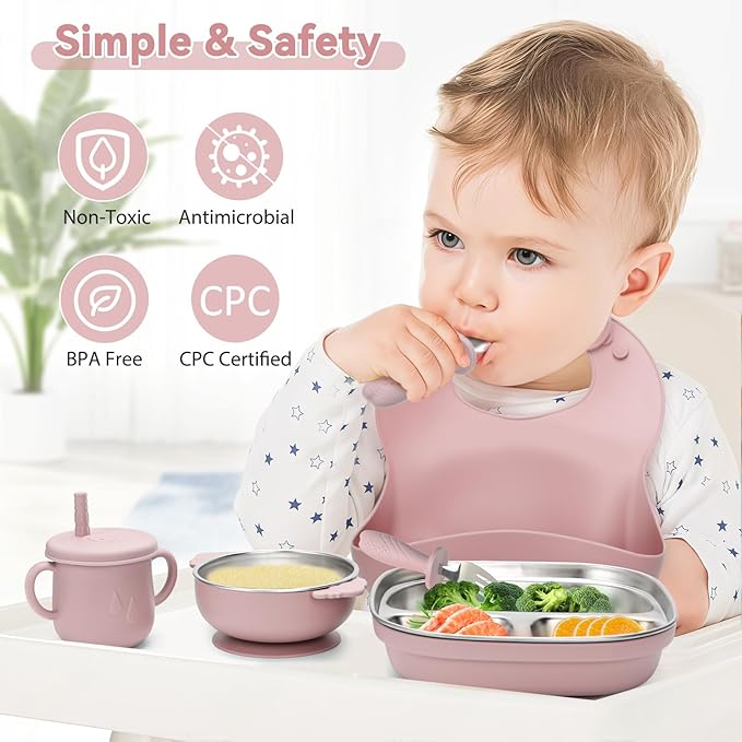 Stainless Steel Kids Plates and Bowls Set with Suction, Divided Baby Plate and Toddler Bowl with Removable Silicone Suction,Stainless Steel Weaning Bundle, Silicone Baby Feeding Set (Pink)