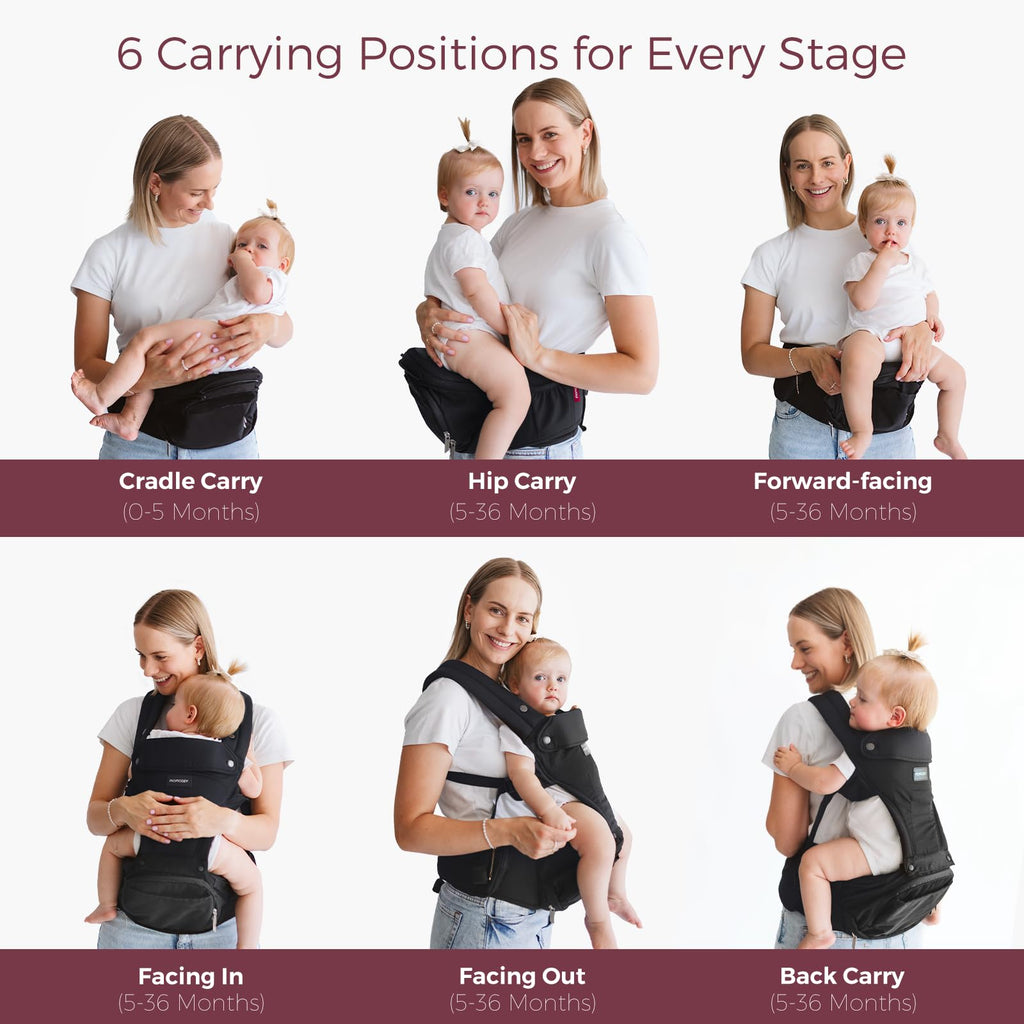 Momcozy Baby Carrier with Hip Seat, 2-in-1 Forward-Facing Carry for Long Walks, Detachable Hands-Free Infant Carrier up to 44lbs, All Seasons Toddler Carrier Fits Waist Sizes up to 45 Inches, Black