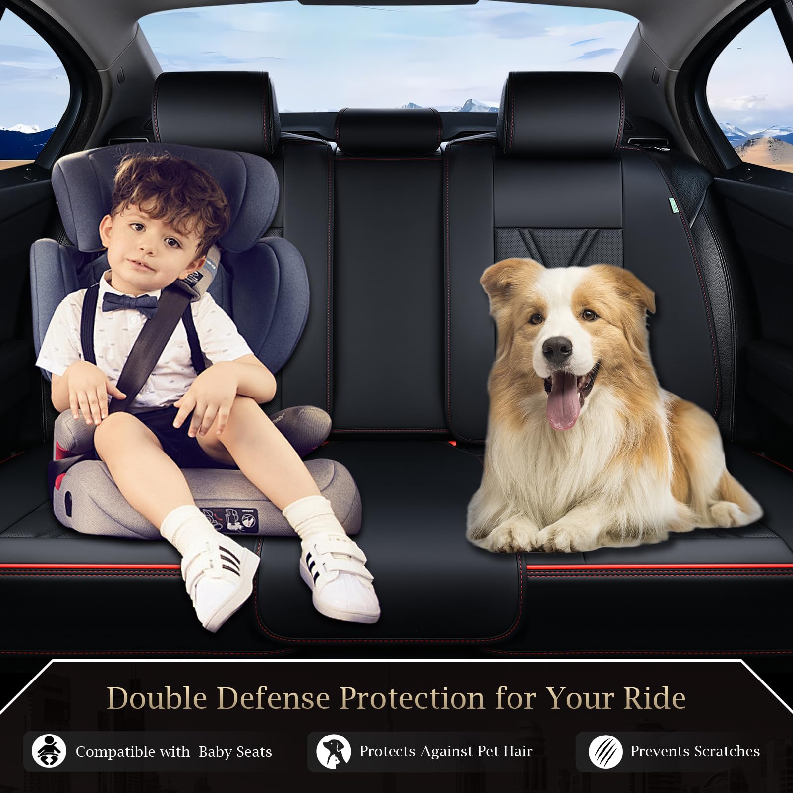 FLORICH Rear Seat Covers Leather Car Seat Covers Waterproof Back Seat Cover Automotive Seat Covers Universal Seat Cushion Protector for Most Cars Trucks SUV-Black&Red Line