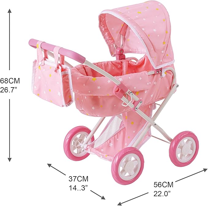 Olivia's Little World - Play Baby Doll Bassinet Stroller, Baby Doll Pram Stroller Buggy for 3 4 5 Year Old Girls, Toy Stroller for Toddlers 1-3, Twinkle Stars Princess Deluxe Toy Stroller - Pink/White