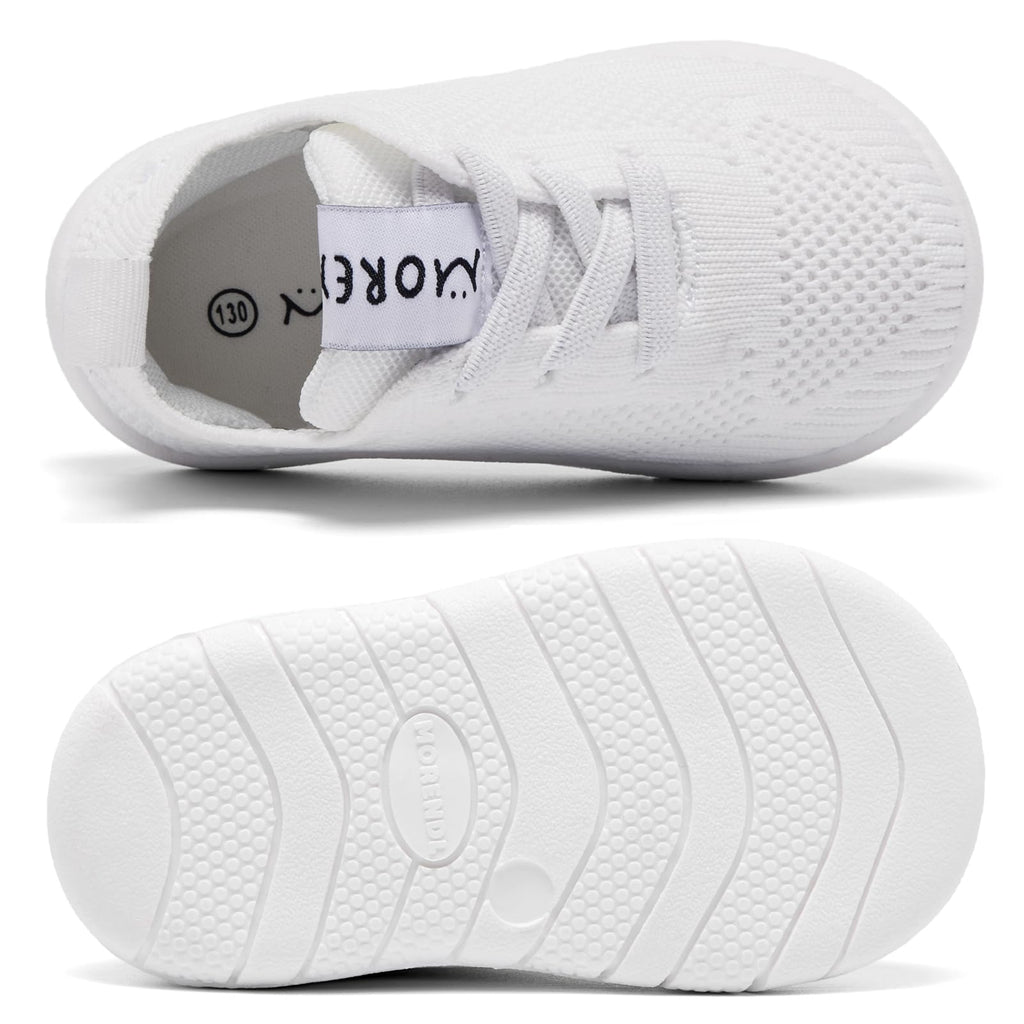 MORENDL Toddler Shoes Baby Walking Sock Shoes Infant Sneakers Boy Girl Barefoot Tennis Shoe Non-Slip Brethable White Size 9