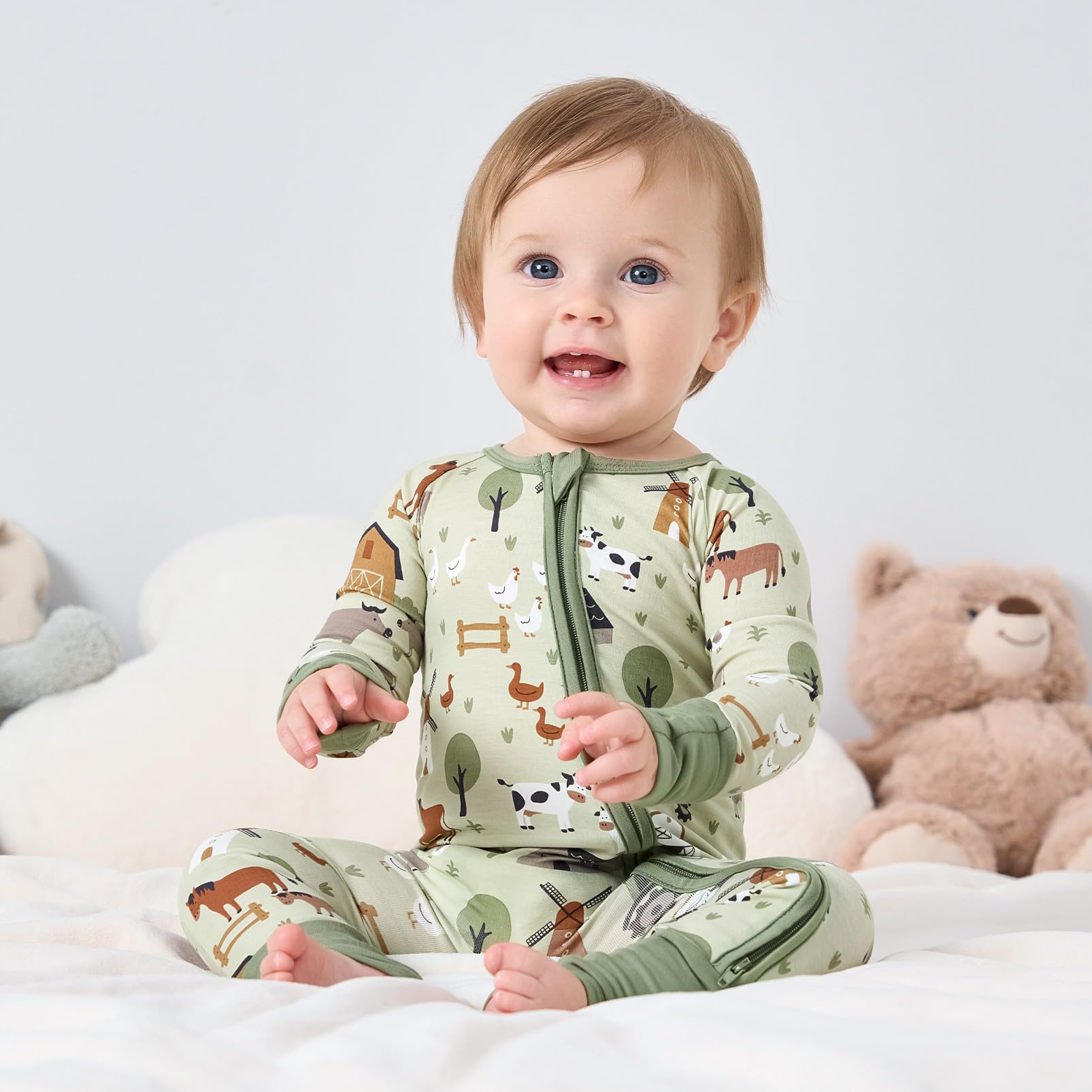 pureborn Baby Boy Sleeper Viscose from Bamboo Zipper Footies Farm 6-12M