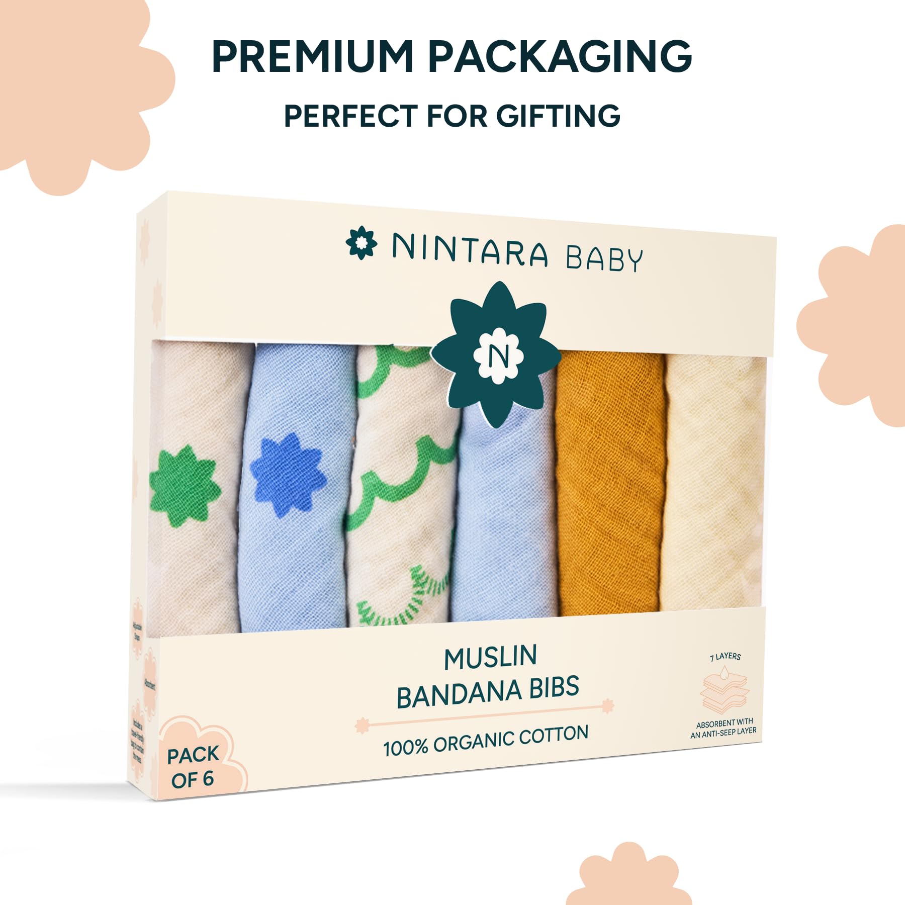 NINTARABABY Bandana Bibs – 100% Organic Muslin Cotton, Pack of 6