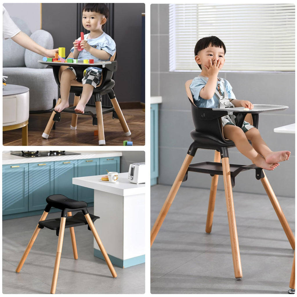 Komcot High Chair, 6 in 1 Wooden Convertible High Chairs for Babies and Toddlers, Booster Seat with Double Tray & Reversible Footrest Baby Highchair, 5-Point Harness Baby Feeding Chair, Black