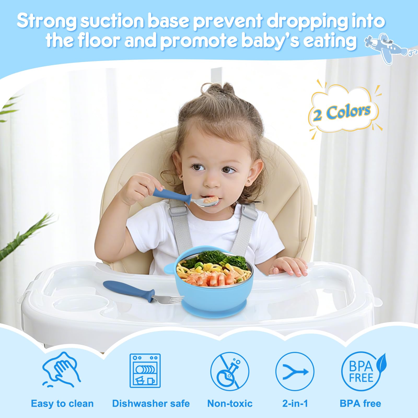 Wesketch 2 Pack Stainless Steel Baby Bowls with Removable Non-Slip Silicone Suction Shell, Anti Scald Food Container for Baby Food Feeding, Forks + Spoons Included-Blue & Pink