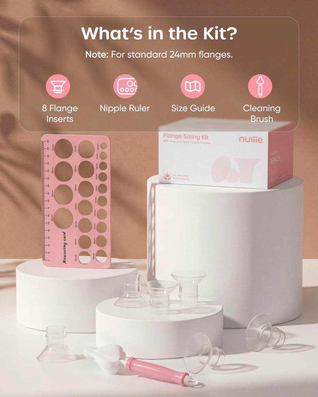 Nuliie 8PCS Silicone Flanges Insert Replacement Kit, Flange Sizing Kit 14/16/18/20mm for 24mm Flange/Shield Breast Pumps, Pumping Essential Kit for Moms