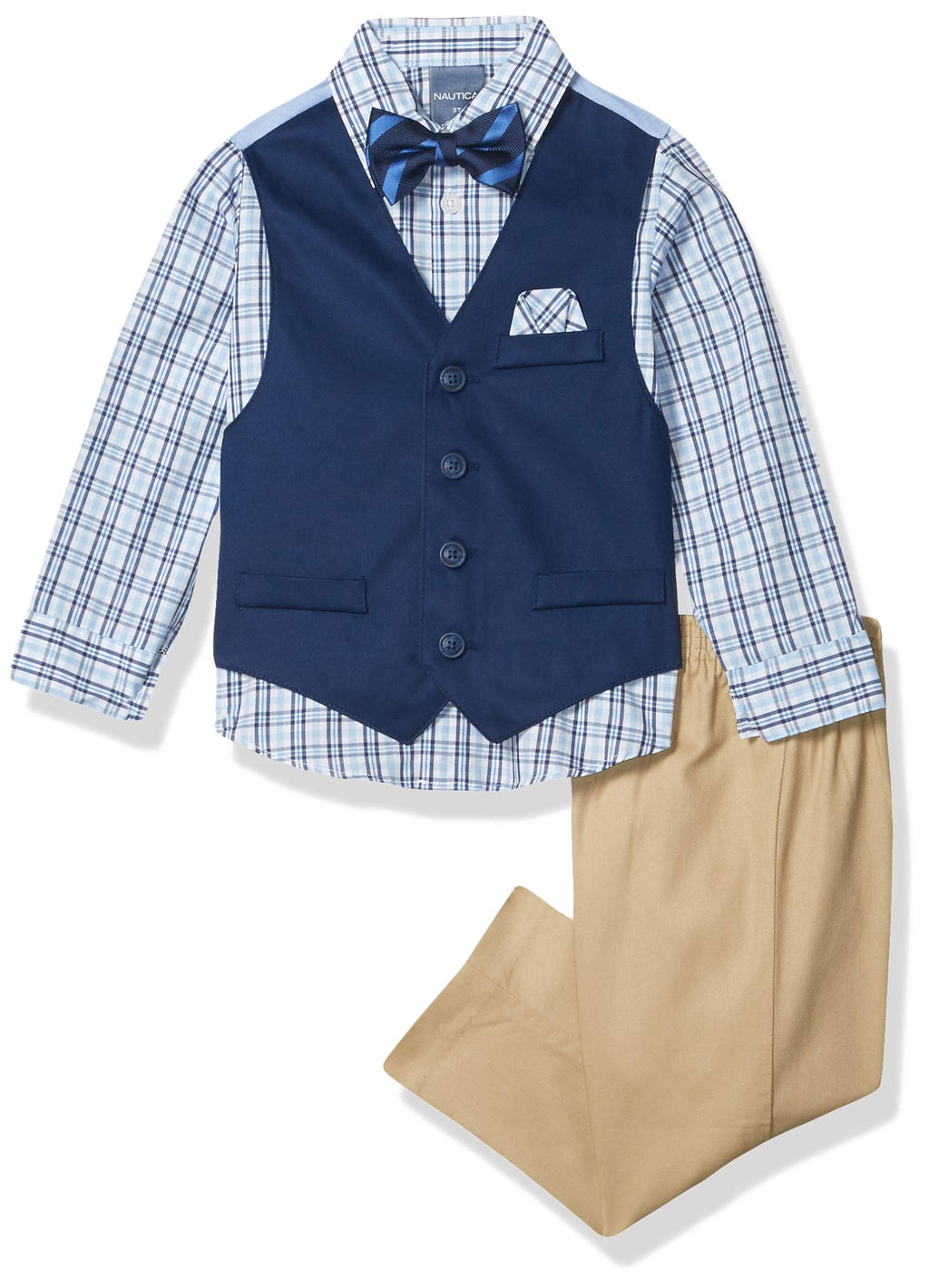 Nautica Boys' 4-Piece Vest Set with Dress Shirt, Bow Tie, Vest, and Pants, Khaki/Navy, 6