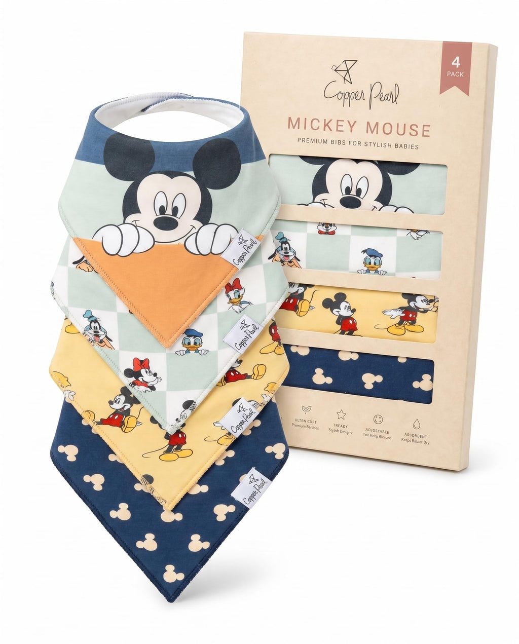 Copper Pearl Baby Bibs for Baby Boy or Girl – Bandana Drool Bibs for Teething, Absorbent Bibs for Eating, Newborn to Toddler, 4 Pack, Mickey Mouse & Friends