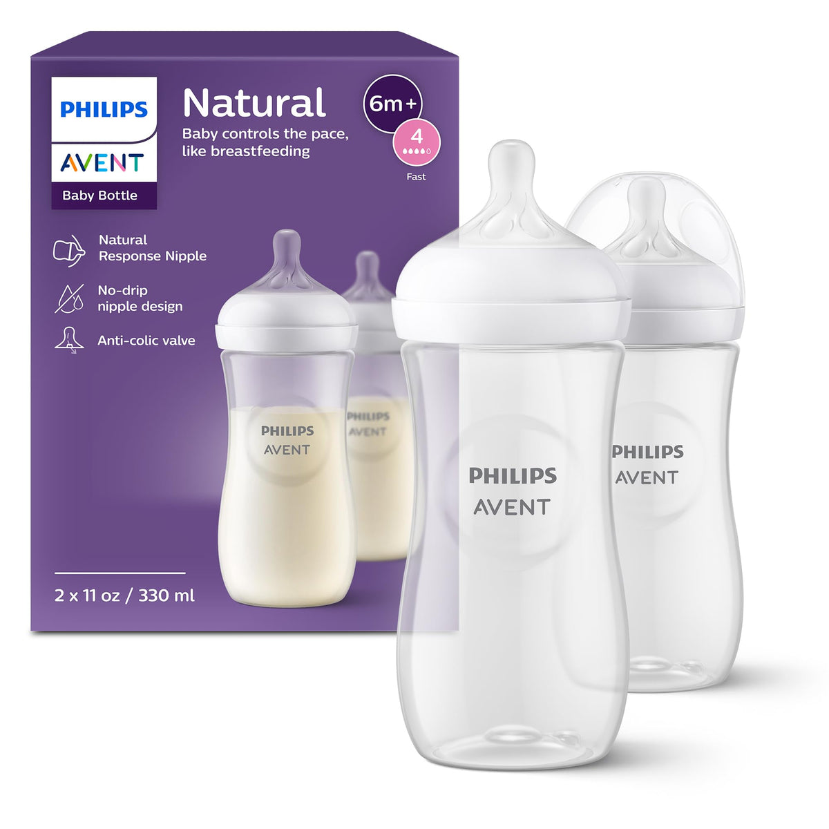 Philips Avent Natural Baby Bottles, Fast Flow, 11 oz, BPA-Free, 4-Pack
