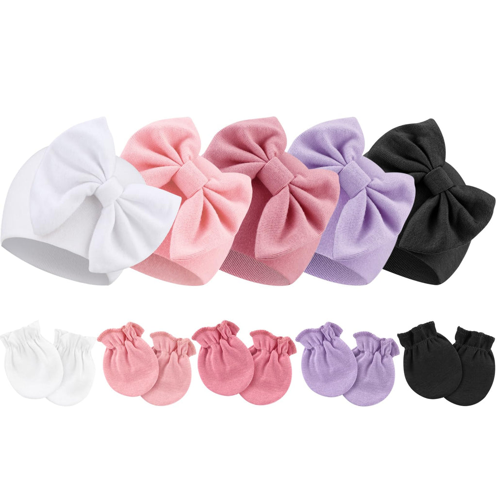 BQUBO Newborn Baby Girls Hats Mittens Set Hospital Hat Beanie Infant Bow Hats Baby Cotton Gloves No Scratch Mittens for 0-6 Months