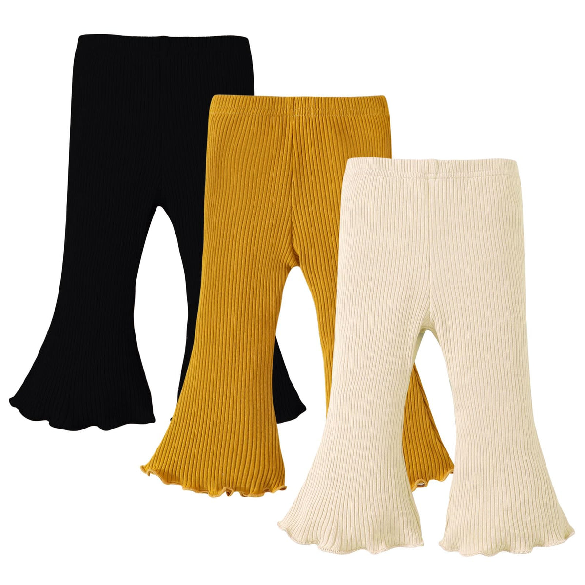 SOBOWO Toddler Baby Girl Flare Pants 3 Pack Solid Ribbed Ruffle Bell Bottoms Pants Fall Outfits(Purple/White/Pink, 18-24 Months)