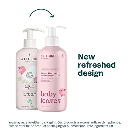 ATTITUDE Baby Shampoo, Body Wash & Soap 2-in-1, Unscented, 16 Fl Oz