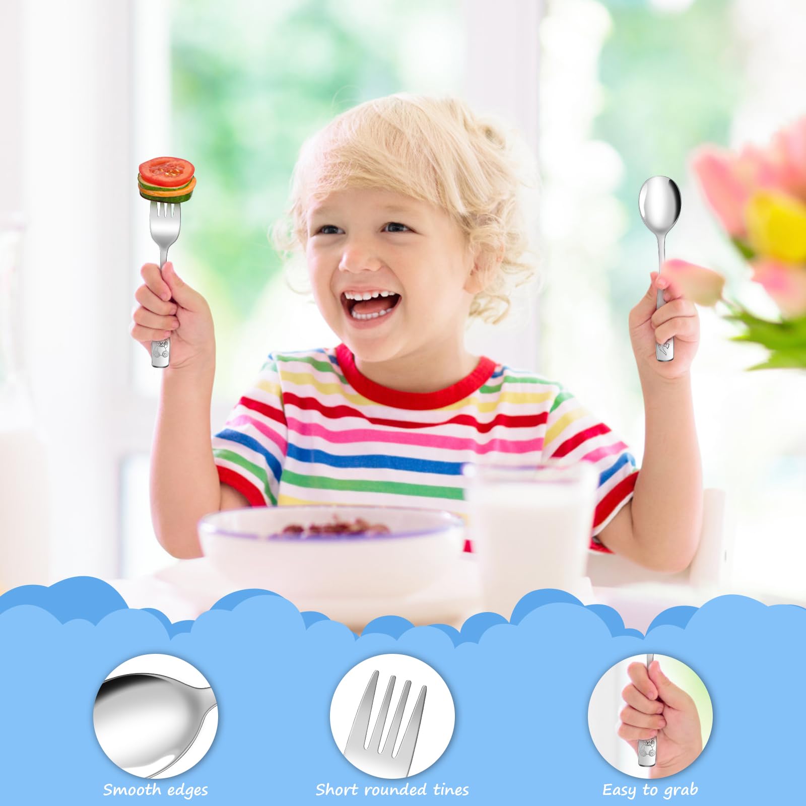 AUOIKK 14-Piece Toddler Flatware, Kids Utensils Stainless Steel Cutlery Set, Children Safe Spoons and Forks with Ergonomic Handle, Easy to use and Dishwasher Safe (Crocodile and Bear)