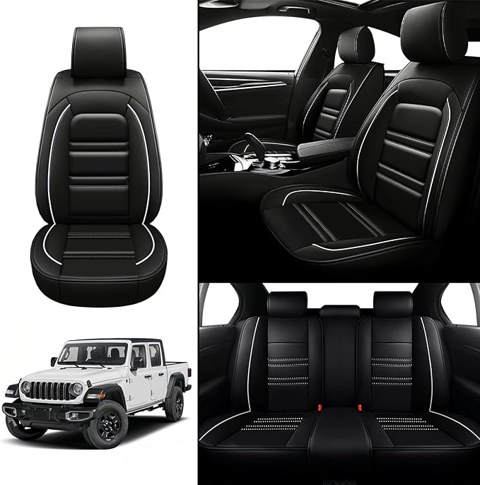 Seat Covers for JP Gladiator 2020-2025 | 5-Seats Leather Seat Covers, Easy to Install Automotive Seat Covers Full Set (Full Set, Black&White Line)
