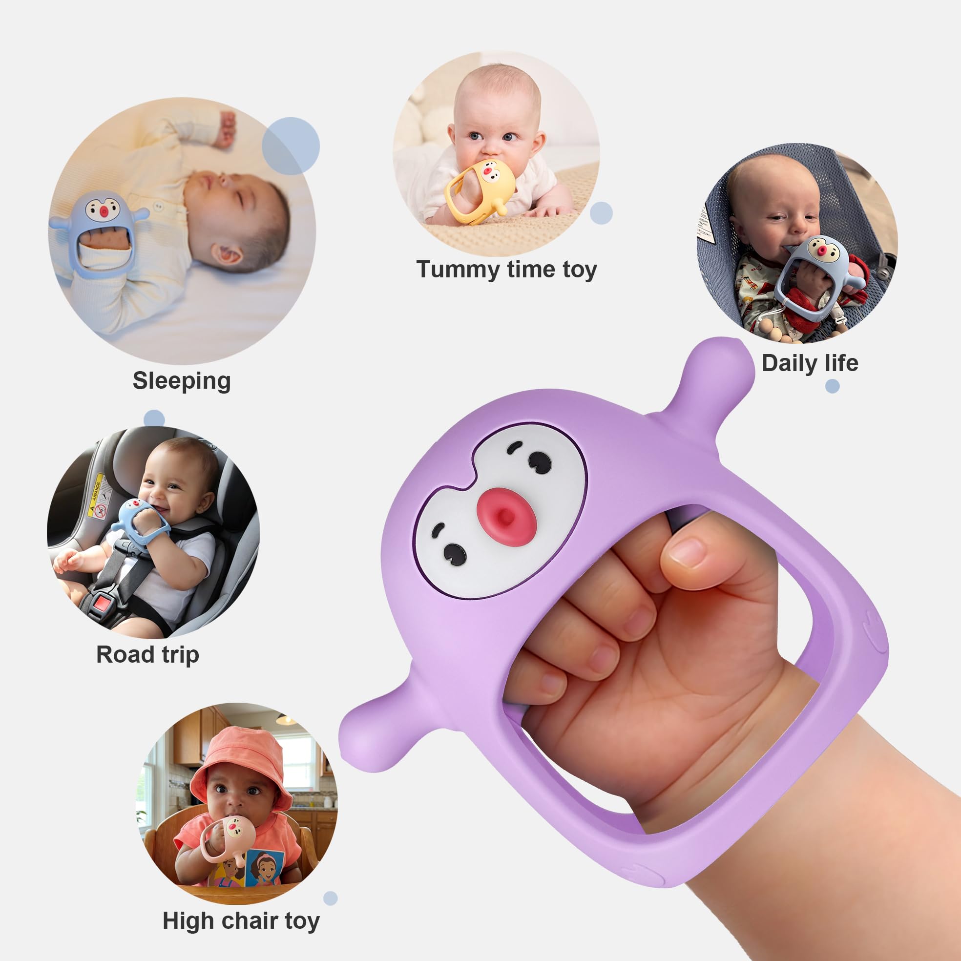 Smily Mia 2pack Penguin Teether for Babies 0-6Month, Infant Teething Toys,Pacifiers for Breastfed Babies, Silicone Teething Mittens for 3-6Months, Perfect Shower Gift+Baby Registry, Pink&Purple