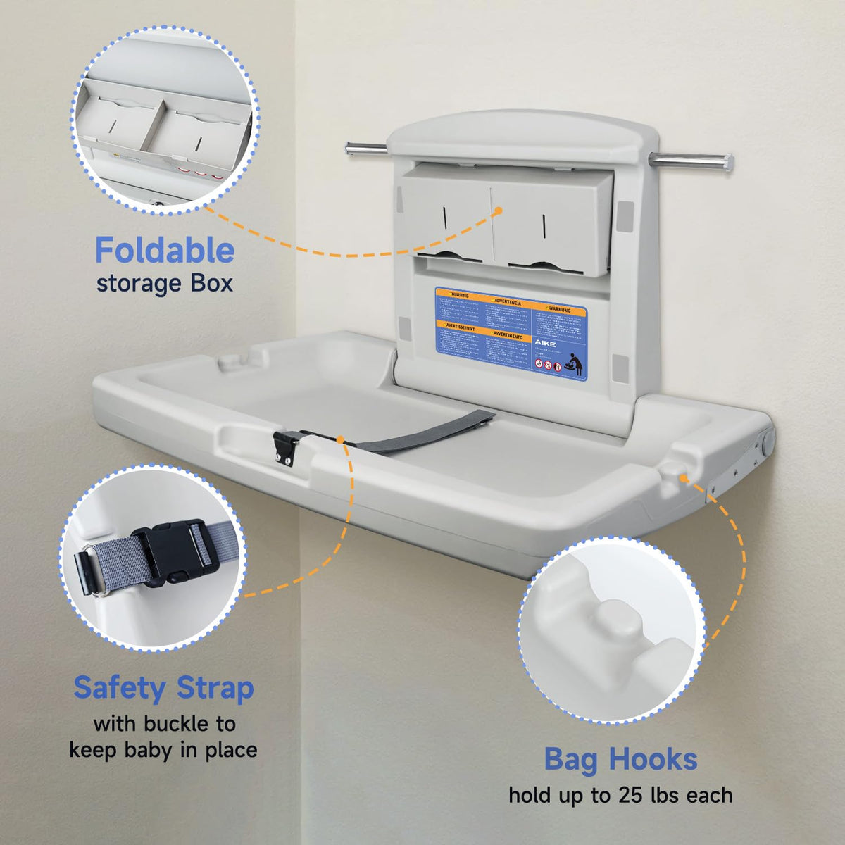 AIKE Commercial Baby Changing Station,Foldable ADA Compliant, Grayish White