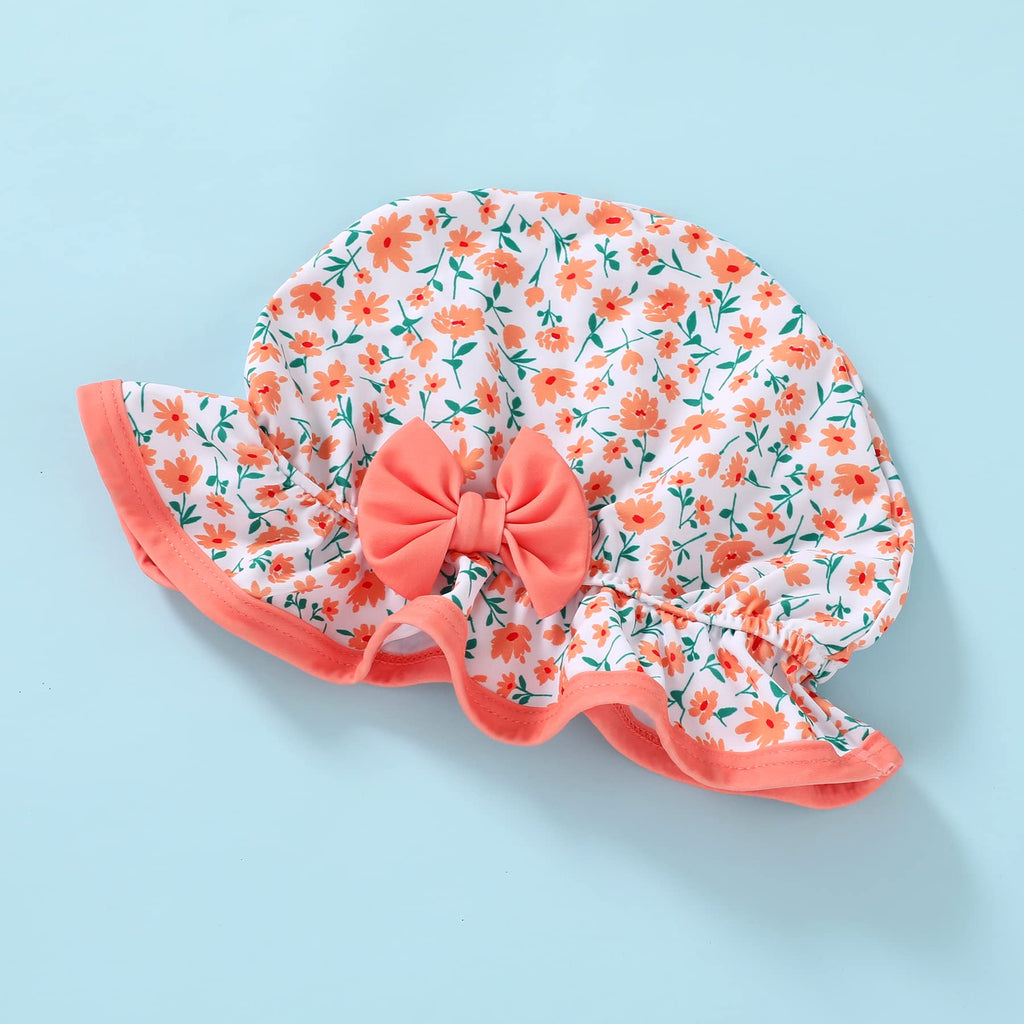YOUNGER TREE Infant Baby Girl Swimsuit One-Piece Long Sleeve Rash Guard with Hat Set Floral Zipper Bathing Suit Leopard Beach Wear(Orange, 6-12M)