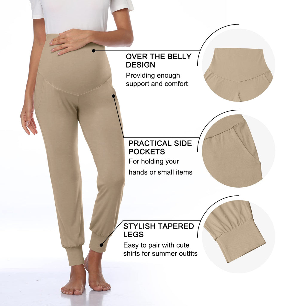 AMPOSH Women's Maternity Pants Stretchy Lounge Workout Sweatpants Casual Loose Comfy Pregnancy Joggers with Pockets(Khaki, S)