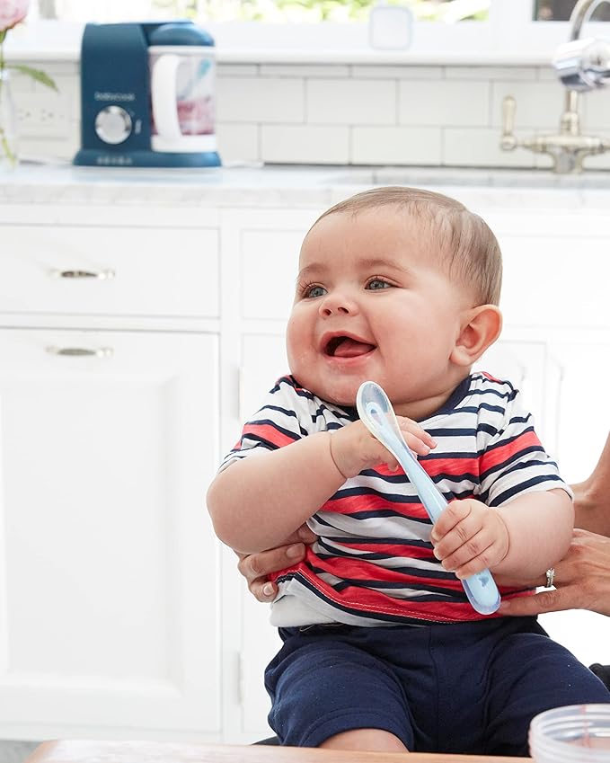 BEABA Baby's First Foods Spoon Set, Original Silicone Baby Spoons, Baby Essentials, Baby Spoons, Pack of 4 Baby Gift Set, BPA Lead & Phthalate Free, Rain