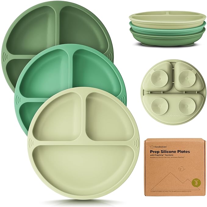 KeaBabies Suction Plates for Baby, Toddler - 3-Pack 100% Silicone Toddler Plates with Suction, Divided, BPA-Free Baby Led Weaning Essentials for Kids, Dishwasher, Microwave Safe, Durable (Forest)
