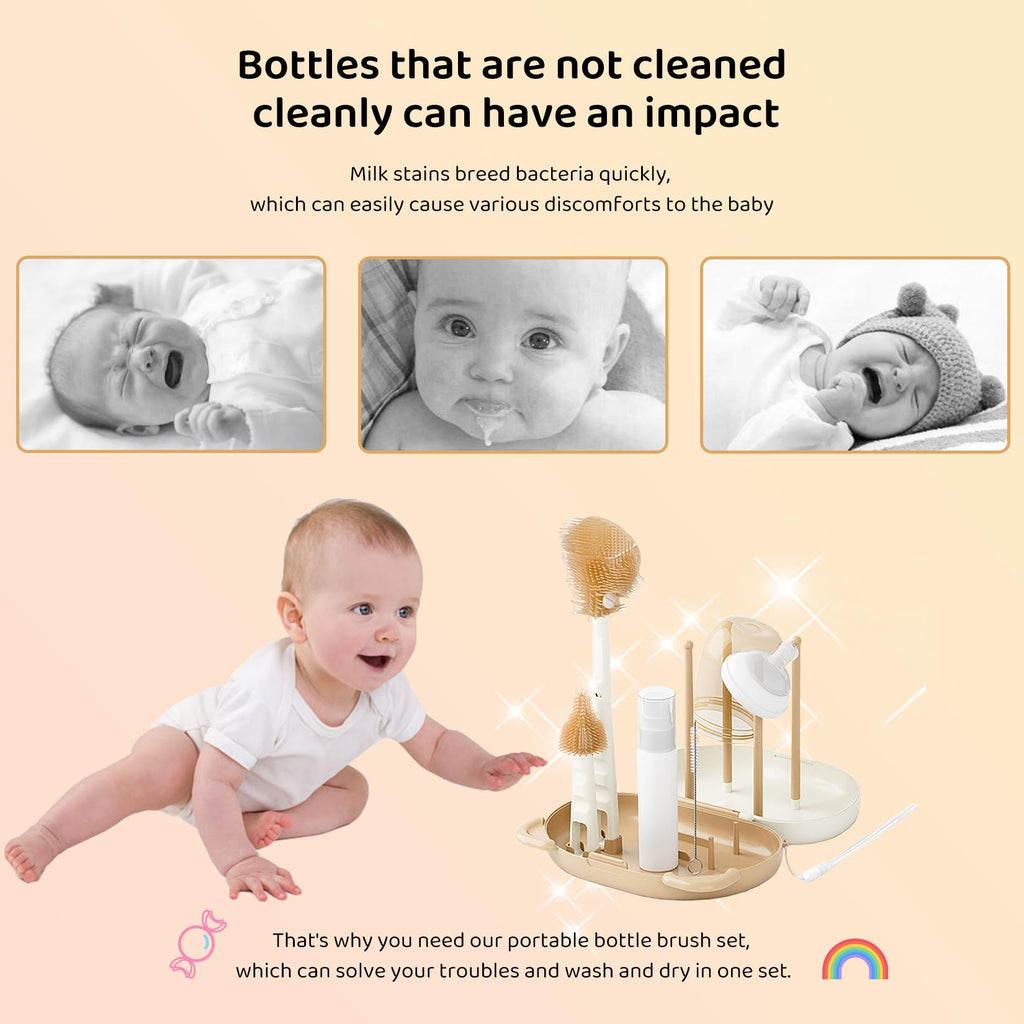HOEREV Portable Baby Silicone Bottle Brush Set Include Pacifier Brush, Straw Brush, draining Rack, Portable Box