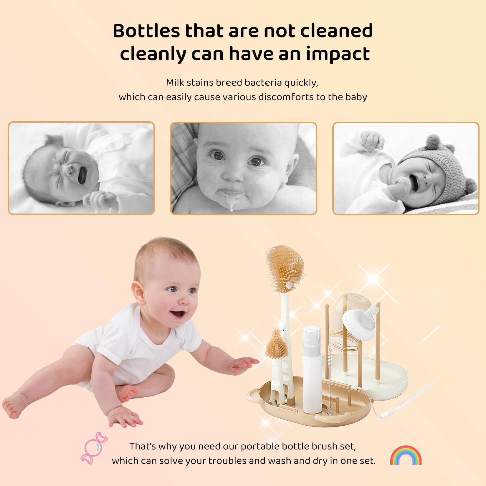HOEREV Portable Baby Silicone Bottle Brush Set Include Pacifier Brush, Straw Brush, draining Rack, Portable Box