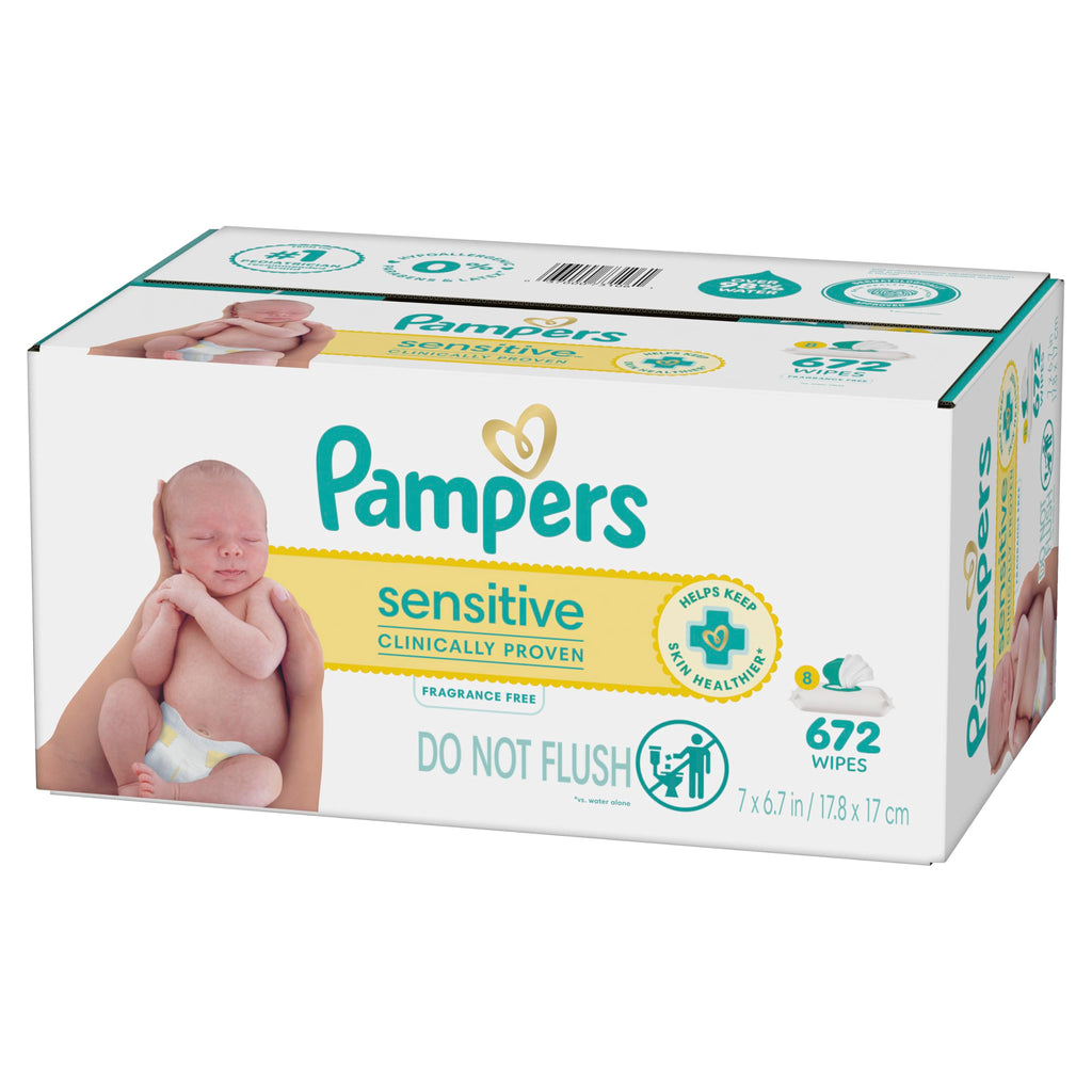 Pampers Sensitive Baby Wipes, Clinically Proven, Fragrance Free, Unscented, Water Based, Hypoallergenic Baby Wipes, Multi-Use Wipe, Hand Wipe 672 Total (12X Flip-Top Packs)