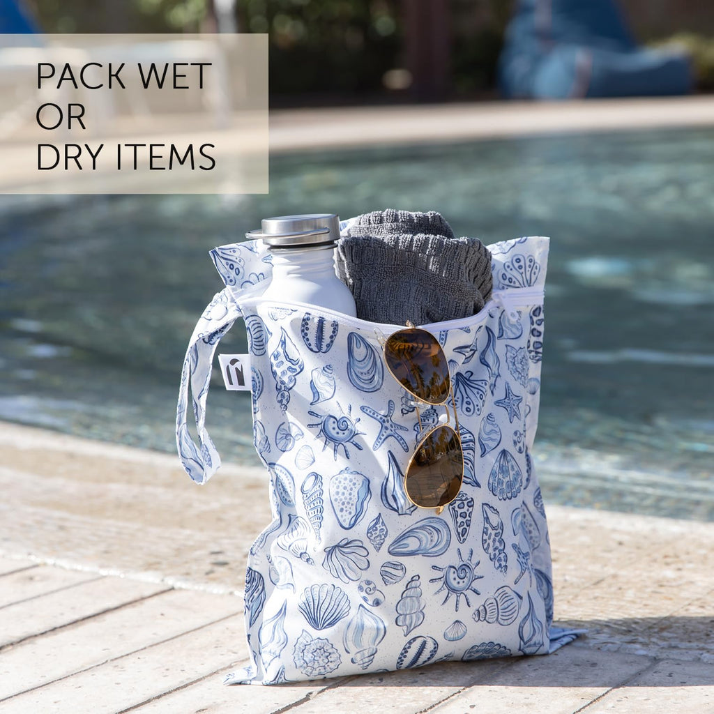 Bumkins Roamio Wet Bag and 3-Pack Clear-Sided Travel Pouches, Waterproof Fabric Organizer for Toiletries, Gym Clothes, Swim Gear, Shoes, Accessories, TSA Compliant Packing Set, Blue Shells 4-pc Set