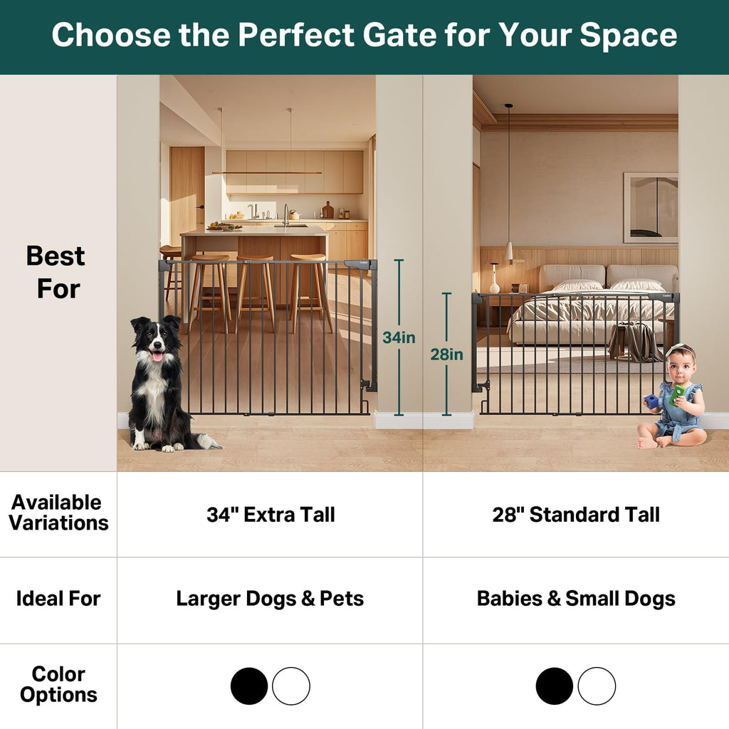 Cumbor 34" Extra Tall No Bottom Bar Baby Gate for Stairs, Hardware Mounted Dog Gate Indoor for Larger Pets, Expandable 31.6-48" Safety Gate for Doorways, Wide Walk Thru Door for Easy Access (Black)