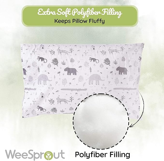 WeeSprout Toddler Polyester Organic Cotton Shell and Pillowcases, Small Kids Pillow, Soft and Supportive Polyfiber Filling, Machine Washable, 18 x 13 x 3 (Safari Print + Safari Print, 3 Piece Set)